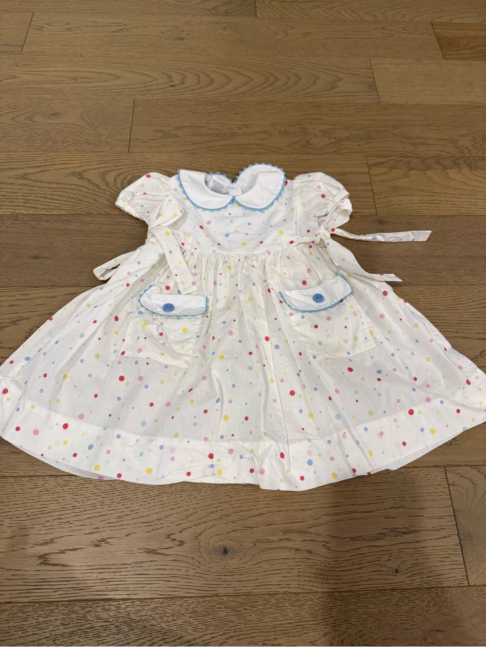Bella Bliss Girls 12M White Polka Dot Dress Blue Ric Rac Collar Pockets